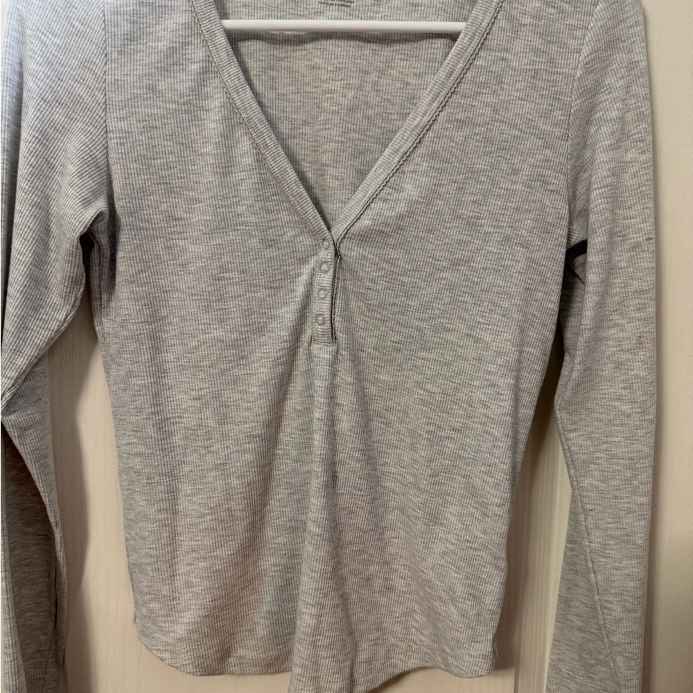 American Eagle Outfitters Light Gray Henley Long Sleeve Top